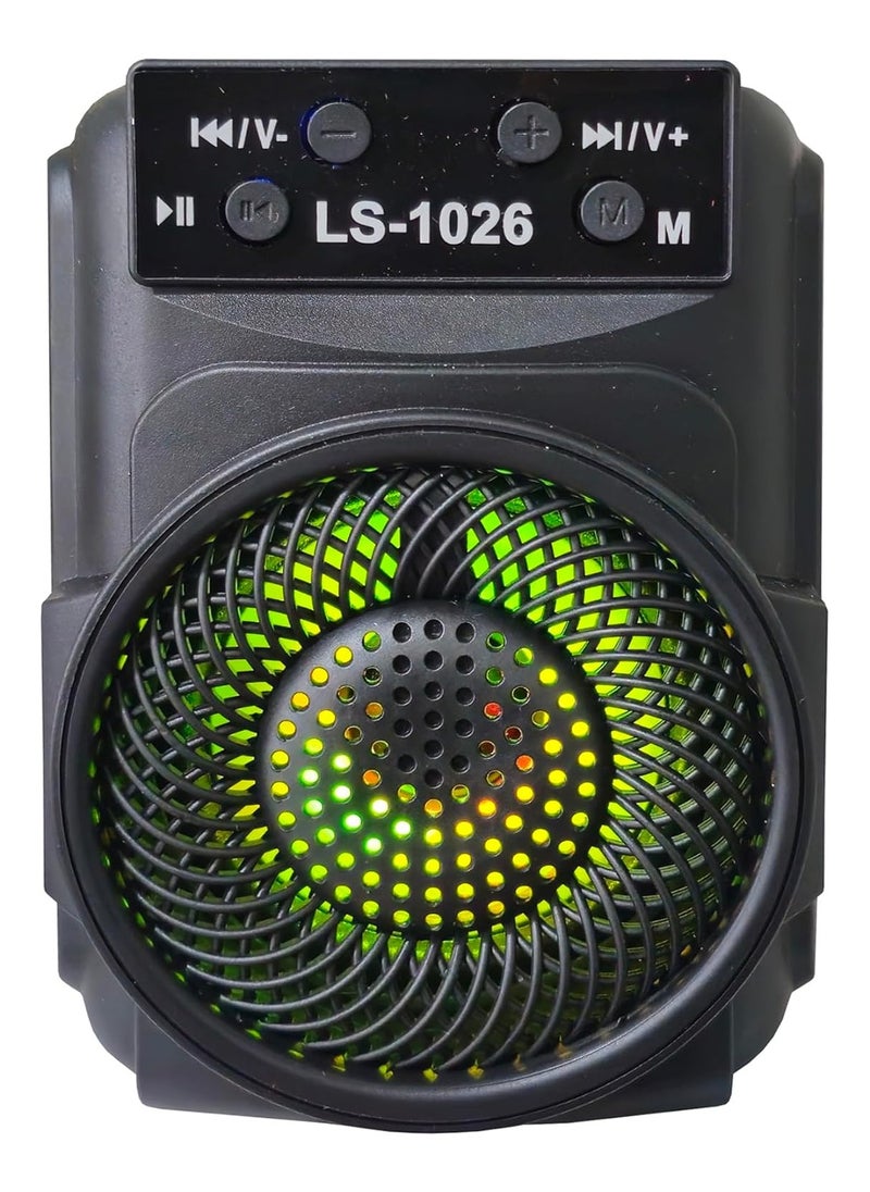 LS-1026 مكبر صوت بلوتوث ستيريو 5 وات، إضاءة LED RGB، ميكروفون مدمج عالي الدقة، مقاوم لرذاذ الماء IPX4، بلوتوث v5.0، USB، بطاقة SD، أسود