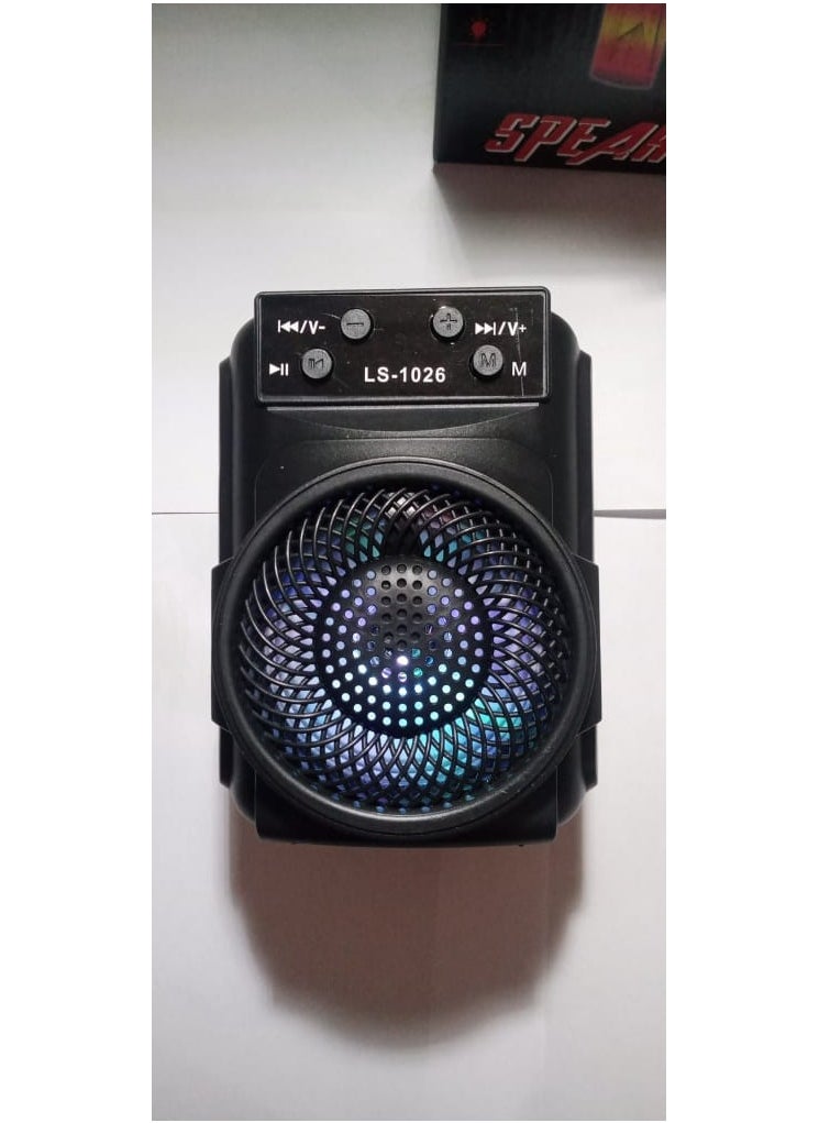 LS-1026 مكبر صوت بلوتوث ستيريو 5 وات، إضاءة LED RGB، ميكروفون مدمج عالي الدقة، مقاوم لرذاذ الماء IPX4، بلوتوث v5.0، USB، بطاقة SD، أسود