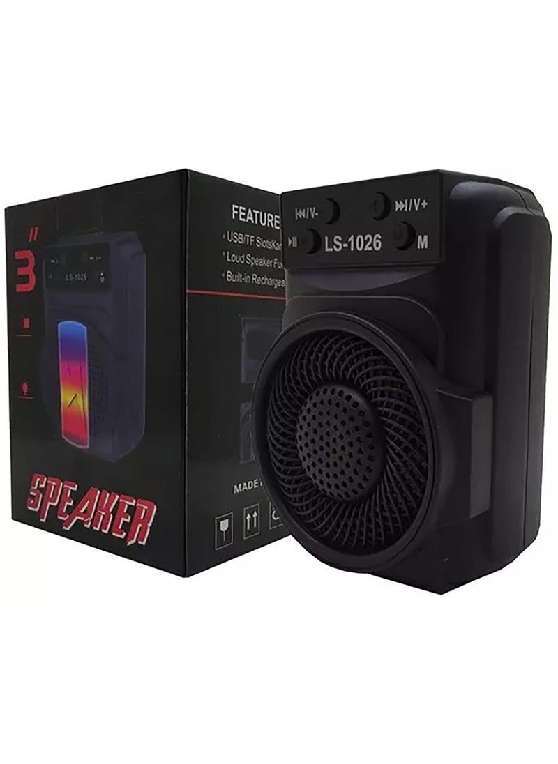 LS-1026 مكبر صوت بلوتوث ستيريو 5 وات، إضاءة LED RGB، ميكروفون مدمج عالي الدقة، مقاوم لرذاذ الماء IPX4، بلوتوث v5.0، USB، بطاقة SD، أسود