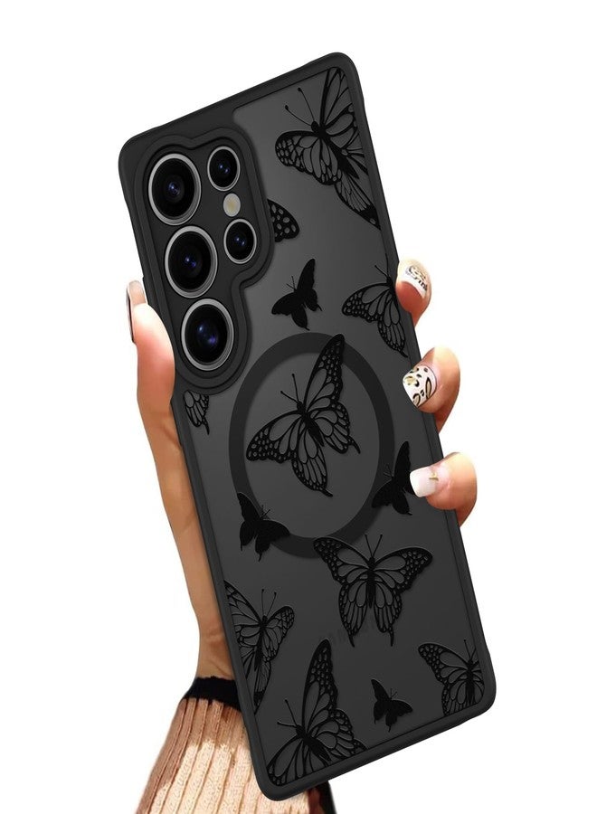 أو أو كيه جراب OOK مناسب لهاتف سامسونج جالاكسي S25 ألترا 6.9 بوصة (متوافق مع الشحن اللاسلكي) بتصميم فراشة سوداء، غطاء هاتف شفاف، مصنوع من مادة TPU ناعمة + PC صلبة، مقاوم للخدش والصدمات، جراب مغناطيسي للنساء - Image 1