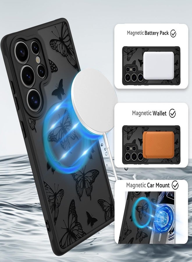 أو أو كيه جراب OOK مناسب لهاتف سامسونج جالاكسي S25 ألترا 6.9 بوصة (متوافق مع الشحن اللاسلكي) بتصميم فراشة سوداء، غطاء هاتف شفاف، مصنوع من مادة TPU ناعمة + PC صلبة، مقاوم للخدش والصدمات، جراب مغناطيسي للنساء - Image 2