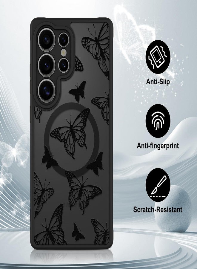 أو أو كيه جراب OOK مناسب لهاتف سامسونج جالاكسي S25 ألترا 6.9 بوصة (متوافق مع الشحن اللاسلكي) بتصميم فراشة سوداء، غطاء هاتف شفاف، مصنوع من مادة TPU ناعمة + PC صلبة، مقاوم للخدش والصدمات، جراب مغناطيسي للنساء - Image 5