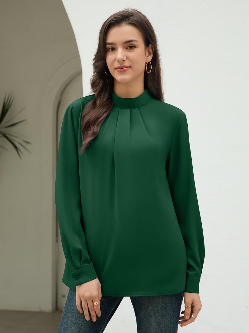 Funlingo Womens Dressy Casual Blouses Long Sleeve Fall Tunic Tops Business Formal Mock Neck Chiffon Shirts 2025 Pleated Office Clothes Green XL - Image 2