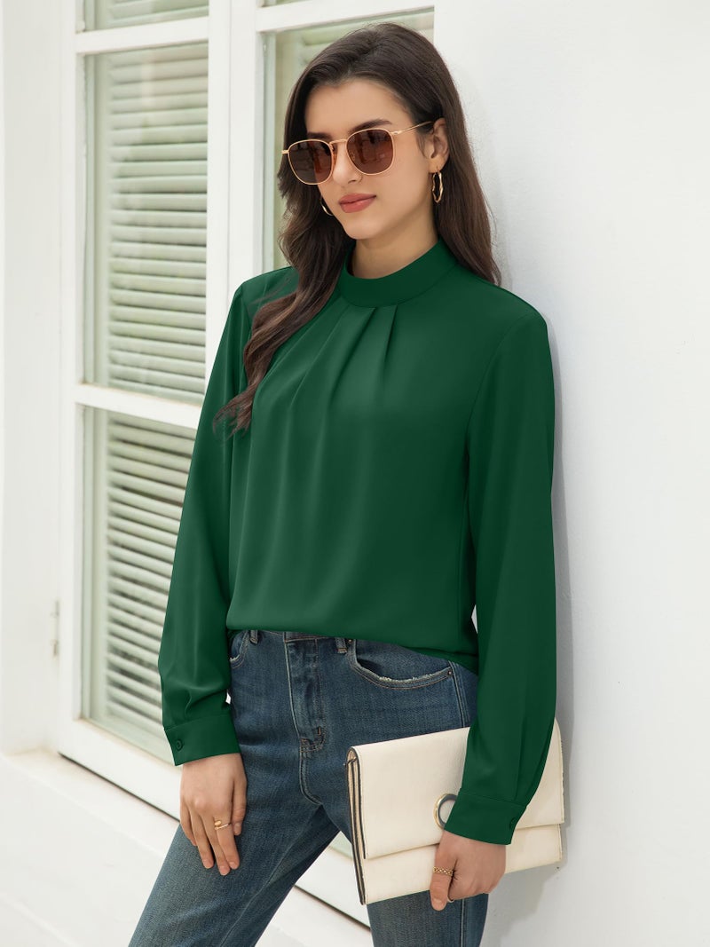 Funlingo Womens Dressy Casual Blouses Long Sleeve Fall Tunic Tops Business Formal Mock Neck Chiffon Shirts 2025 Pleated Office Clothes Green XL - Image 4