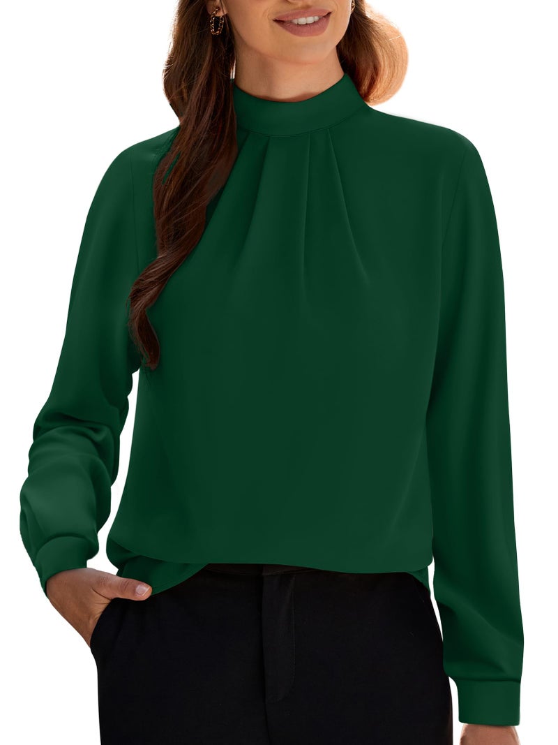 Funlingo Womens Dressy Casual Blouses Long Sleeve Fall Tunic Tops Business Formal Mock Neck Chiffon Shirts 2025 Pleated Office Clothes Green XL - Image 1