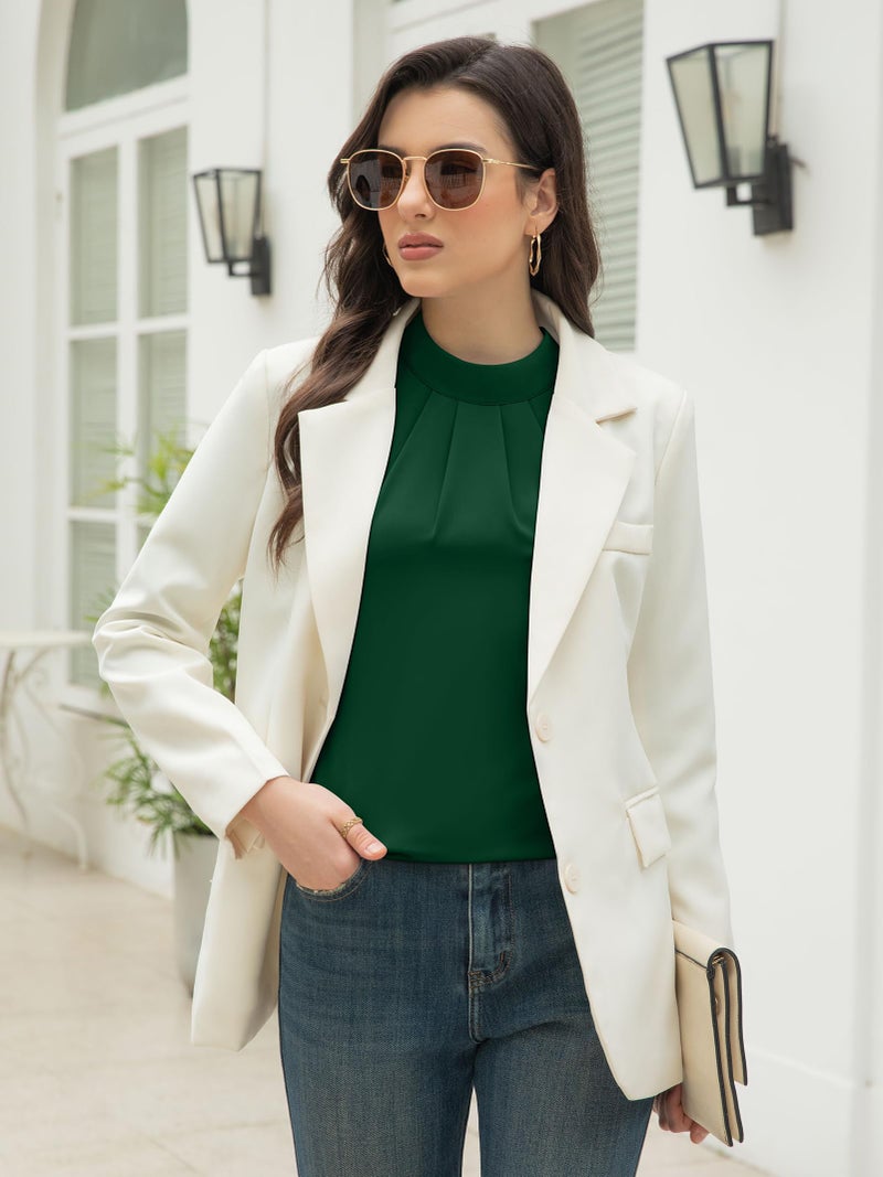 Funlingo Womens Dressy Casual Blouses Long Sleeve Fall Tunic Tops Business Formal Mock Neck Chiffon Shirts 2025 Pleated Office Clothes Green XL - Image 3