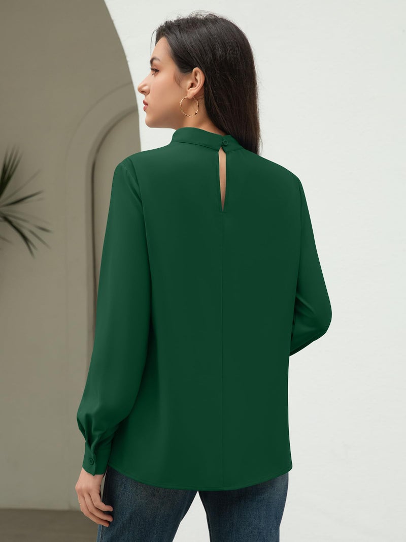 Funlingo Womens Dressy Casual Blouses Long Sleeve Fall Tunic Tops Business Formal Mock Neck Chiffon Shirts 2025 Pleated Office Clothes Green XL - Image 5