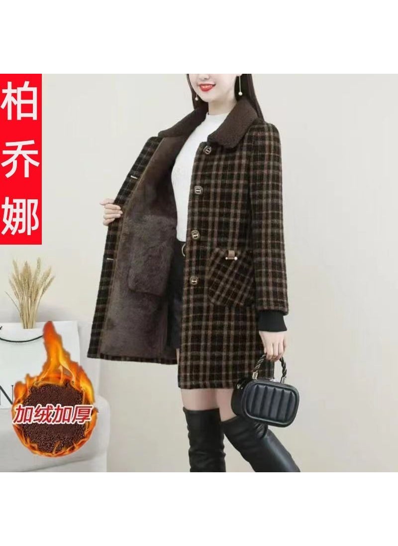 Generic - Elegant Fashion Mid-Length Coat Women Autumn Winter 2023 Brown Plaid - Image 1