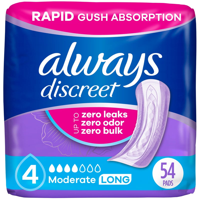 Always Discreet Adult Incontinence Pads for Women, Moderate Absorbency, Long Length, Postpartum Pads, 54 Count - Image 1