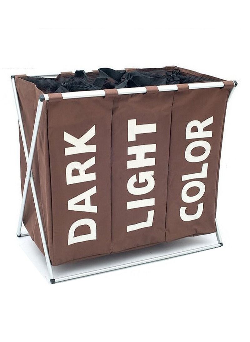 AGD Portable 3-section Multifunctional Waterproof Folding Laundry Basket, Oxford Cloth Material, Environmental Protection Paint, Aluminum Frame (Brown) - Image 1