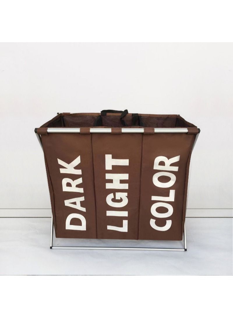 AGD Portable 3-section Multifunctional Waterproof Folding Laundry Basket, Oxford Cloth Material, Environmental Protection Paint, Aluminum Frame (Brown) - Image 3