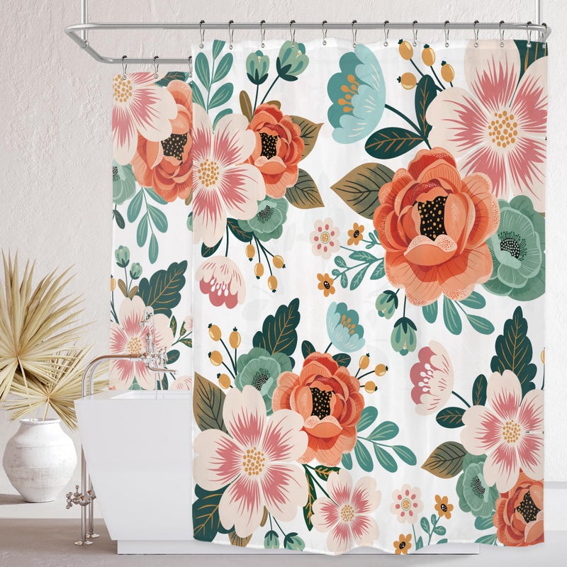 Riyidecor Flower Clawfoot Tub Shower Curtain 180Wx70H Inch Floral Wrap All Around Extra Wide Season Green Leaves Spring Orange Bathroom Decor Fabric Polyester Waterproof 32 Pack Metal Hooks