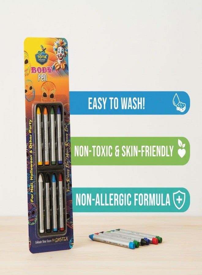 توتا أقلام تلوين الجسم توتا - أقلام تلوين غير سامة للوجه والجسم، مثالية لحفلات هولي، والهالوين، والمسرحيات، وجلسات التصوير، وأعياد الميلاد، والحفلات ذات الطابع الخاص | مجموعة مكياج للأطفال والكبار - 8 أقلام ملونة - Image 4