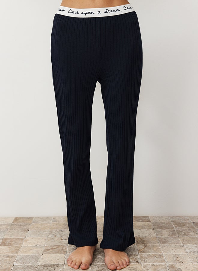 trendyol Navy Blue Slogan Printed Elastic Detailed Ribbed T-shirt-Pants Knitted Pajamas  - Image 5