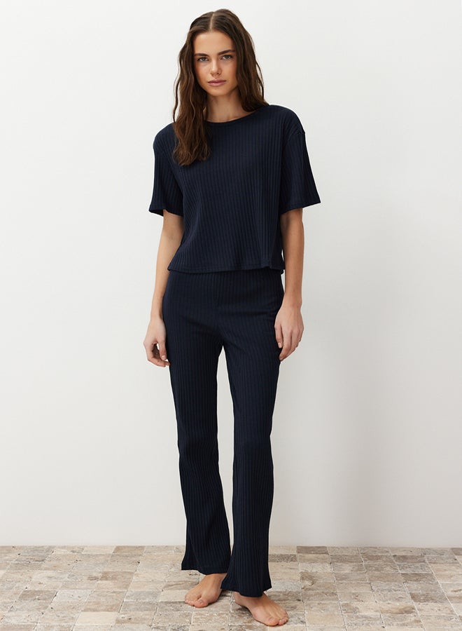 trendyol Navy Blue Slogan Printed Elastic Detailed Ribbed T-shirt-Pants Knitted Pajamas  - Image 2
