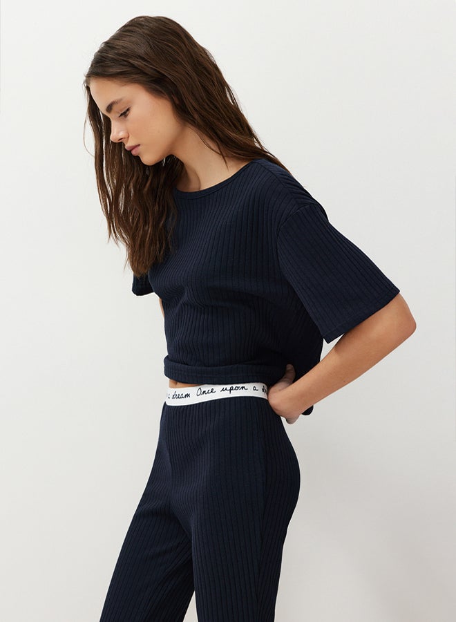 trendyol Navy Blue Slogan Printed Elastic Detailed Ribbed T-shirt-Pants Knitted Pajamas  - Image 3
