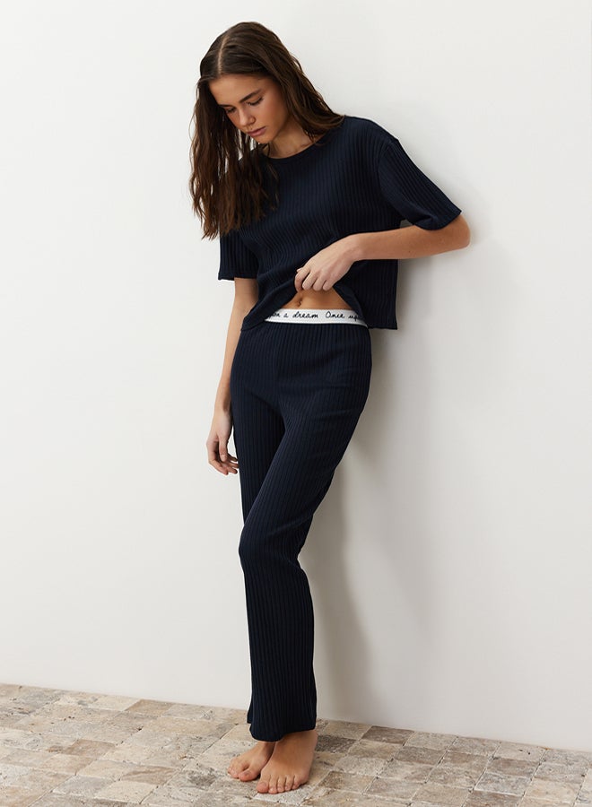 trendyol Navy Blue Slogan Printed Elastic Detailed Ribbed T-shirt-Pants Knitted Pajamas  - Image 1