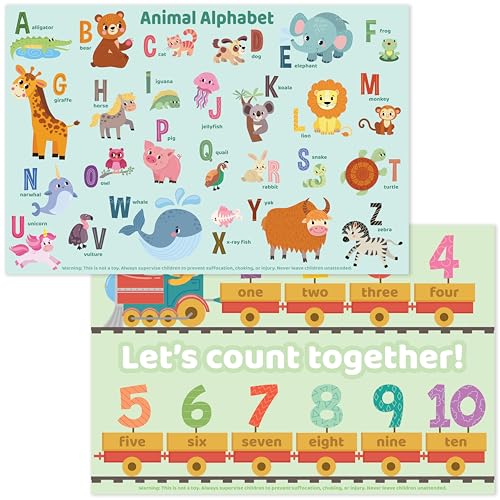 Bright Seed Disposable Placemats for Baby, Toddlers and Kids, 40 Disposable Baby Placemats for Restaurant, Dining Table & Travel, Learning Placemats for Kids, Toddler Travel, Animals ABC & Numbers - Image 1