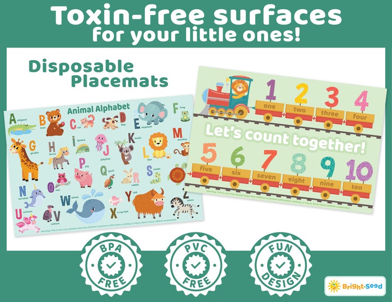 Bright Seed Disposable Placemats for Baby, Toddlers and Kids, 40 Disposable Baby Placemats for Restaurant, Dining Table & Travel, Learning Placemats for Kids, Toddler Travel, Animals ABC & Numbers - Image 2