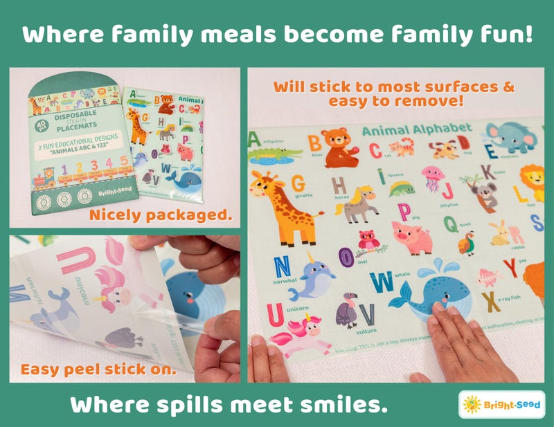 Bright Seed Disposable Placemats for Baby, Toddlers and Kids, 40 Disposable Baby Placemats for Restaurant, Dining Table & Travel, Learning Placemats for Kids, Toddler Travel, Animals ABC & Numbers - Image 5