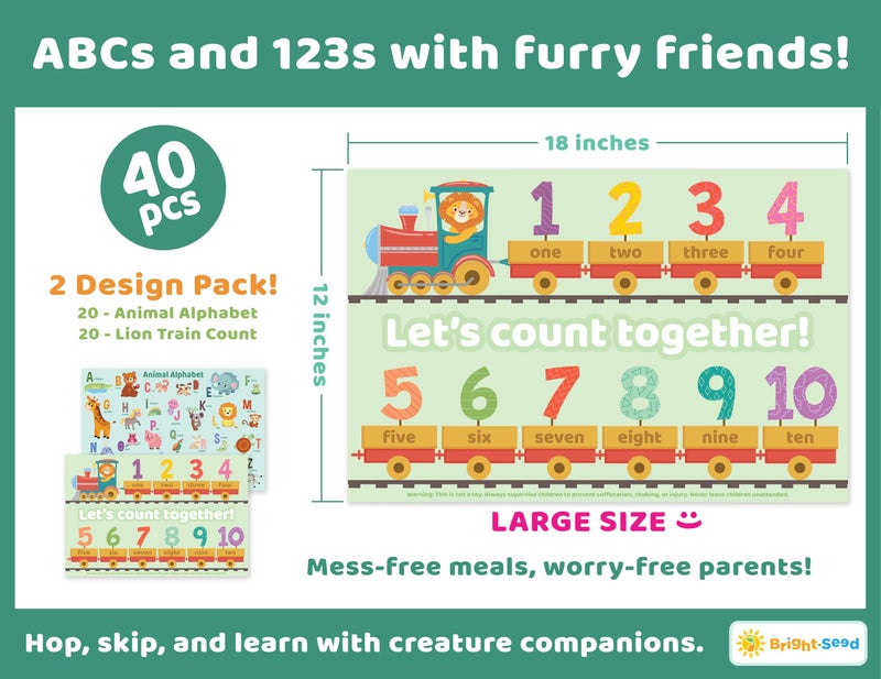 Bright Seed Disposable Placemats for Baby, Toddlers and Kids, 40 Disposable Baby Placemats for Restaurant, Dining Table & Travel, Learning Placemats for Kids, Toddler Travel, Animals ABC & Numbers - Image 4