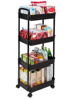 4-Tier Rolling Storage Cart with Wheels – Detachable Utility Organizer with Handle & Lockable Casters, Easy Assembly for Bathroom, Kitchen & Office – Black