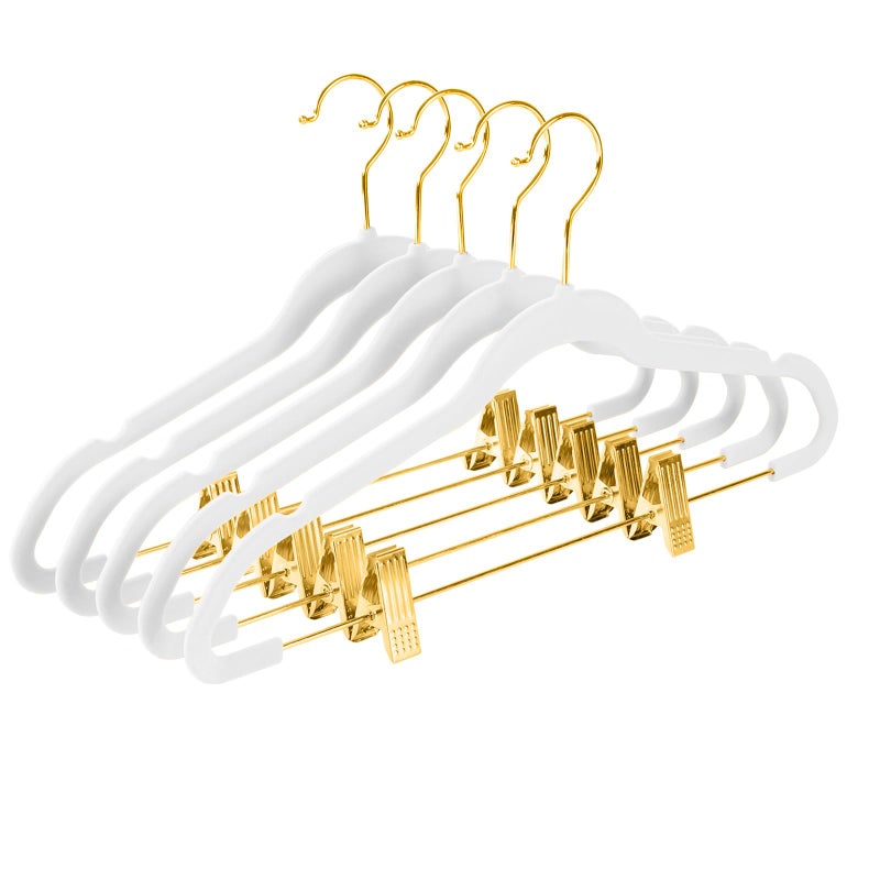 MIZGI Premium Velvet Pants Hangers with Adjustable Clips (Pack of 20) Slim Skirt Hangers- Non Slip Felt Outfit Dress Hangers White - Gold Hooks,Space Saving Shirt Clothes Hangers - Image 1