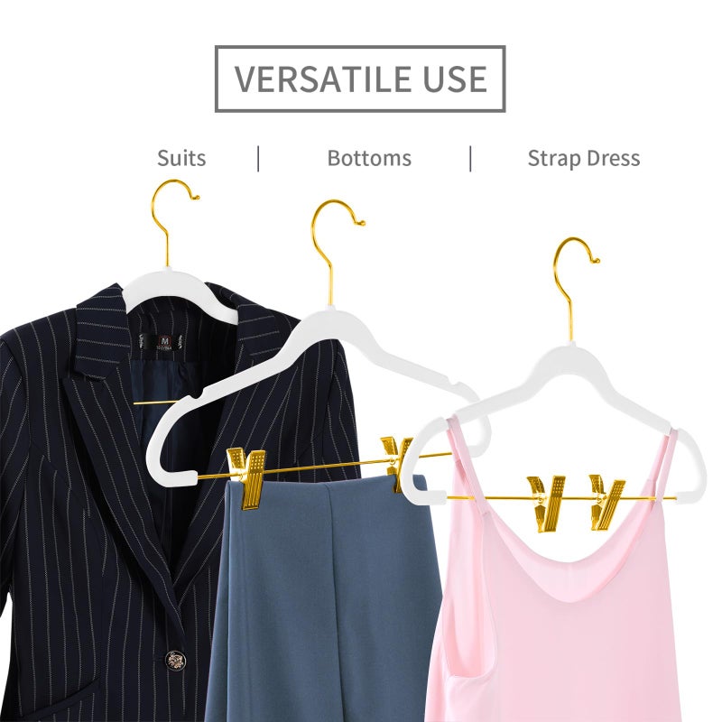 MIZGI Premium Velvet Pants Hangers with Adjustable Clips (Pack of 20) Slim Skirt Hangers- Non Slip Felt Outfit Dress Hangers White - Gold Hooks,Space Saving Shirt Clothes Hangers - Image 3