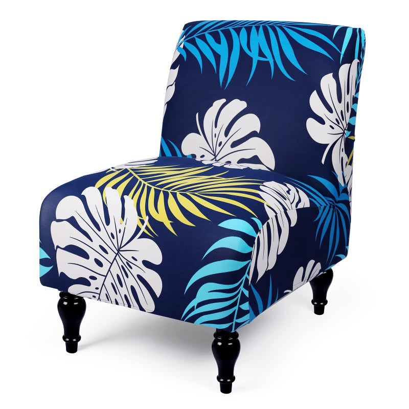 Iauddy Armless Accent Slipper Chair Cover Slipcover,Stretch Spandex Printed Removable Non-Slip Silp Cover for Accent Chair Without Arms for Living Dining Room(Navy Blue/Leaves) - Image 1