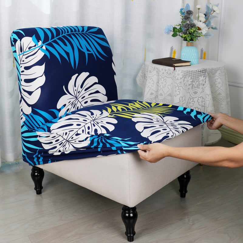 Iauddy Armless Accent Slipper Chair Cover Slipcover,Stretch Spandex Printed Removable Non-Slip Silp Cover for Accent Chair Without Arms for Living Dining Room(Navy Blue/Leaves) - Image 4
