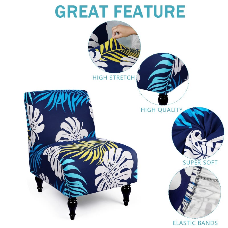 Iauddy Armless Accent Slipper Chair Cover Slipcover,Stretch Spandex Printed Removable Non-Slip Silp Cover for Accent Chair Without Arms for Living Dining Room(Navy Blue/Leaves) - Image 2