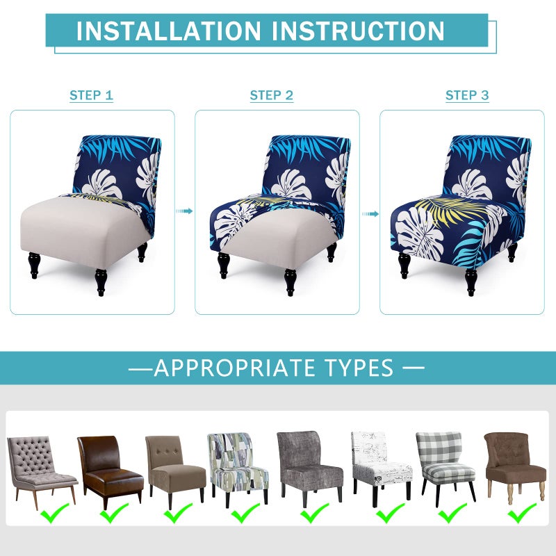Iauddy Armless Accent Slipper Chair Cover Slipcover,Stretch Spandex Printed Removable Non-Slip Silp Cover for Accent Chair Without Arms for Living Dining Room(Navy Blue/Leaves) - Image 3