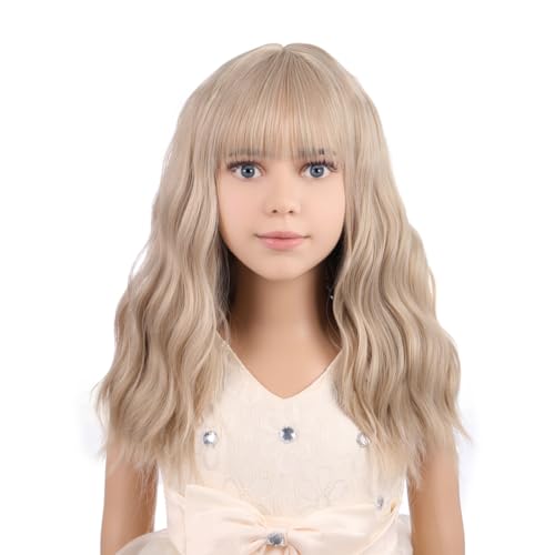 PATTNIUM Blonde Wig Kids Child Short Wavy Wig with Bangs Flaxen Blonde Wigs Synthetic Girls Cosplay Halloween Party Costume Wigs (Flaxen Blonde) - Image 1