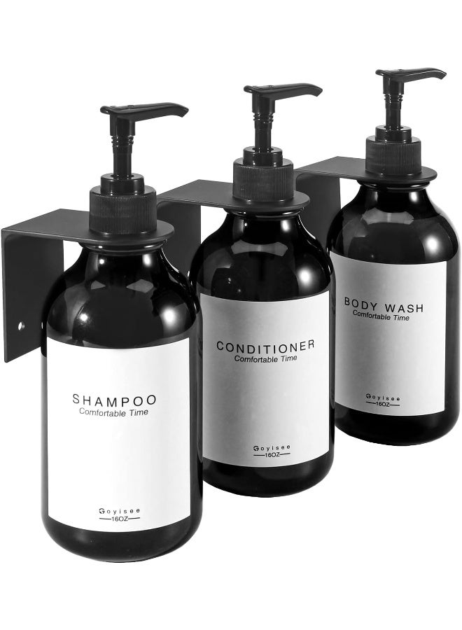 GOYISEE Shampoo and Conditioner Dispenser for Shower Wall 3 Chamber, Refillable Shampoo and Conditioner Bottles with Waterproof Labels, Soap Dispenser with Pumps (3 Bottles 3 Wall Mounts-Black) - Image 1