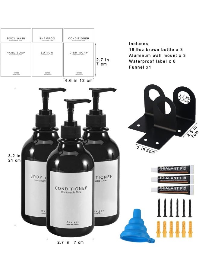 GOYISEE Shampoo and Conditioner Dispenser for Shower Wall 3 Chamber, Refillable Shampoo and Conditioner Bottles with Waterproof Labels, Soap Dispenser with Pumps (3 Bottles 3 Wall Mounts-Black) - Image 5
