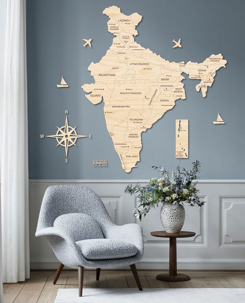 AD INFINITUM® 3D Wooden Map of India | Home Decor | Office Decor | A great gift for travelers | Wall decor State and Capital names with Borders (3x2 Feet, Beige Maple) - Image 3