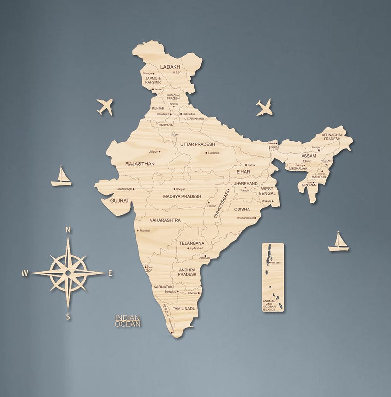 AD INFINITUM® 3D Wooden Map of India | Home Decor | Office Decor | A great gift for travelers | Wall decor State and Capital names with Borders (3x2 Feet, Beige Maple) - Image 1