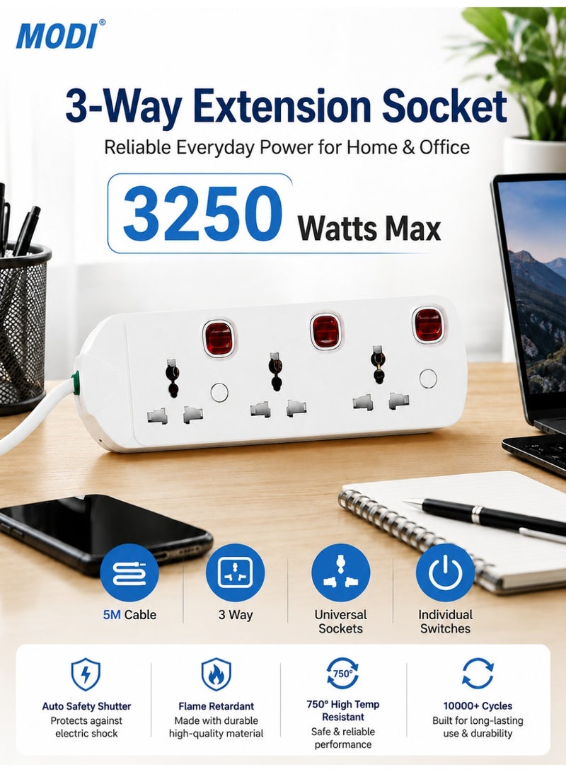 3 Way 5M Power Extension Cord 13A 3250W Power Strip With Individual Switches Universal Sockets Child Safety Shutter Fire Resistant Body Wall Mount Extension Socket For Home Office