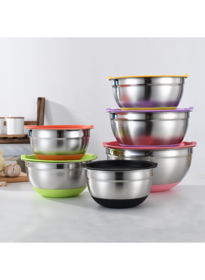 Stainless Steel Salad Basin Khachi Black Silicone Bottom Anti-slip Belt Cover Belt Planing Wire Egg Beater Suit Baking Mixing Basin-Specifications:18-20-22-24-26 (color Cover + Silicone Bottom)-Color:Default Items  - Image 1