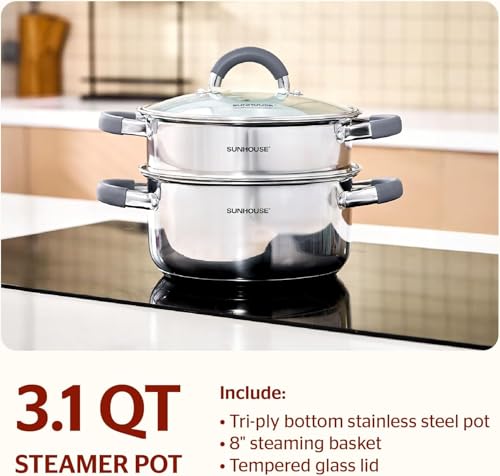 SUNHOUSE Stainless Steel Steamer Pot for Cooking - 3 QT Steaming Pot with Lid & Steamer Basket - 2 Tier Tri-ply Vegetable Steamer with Stay-Cool Silicone Handles - Induction Compatible Cookware - Image 2