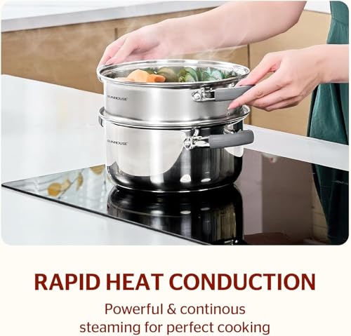 SUNHOUSE Stainless Steel Steamer Pot for Cooking - 3 QT Steaming Pot with Lid & Steamer Basket - 2 Tier Tri-ply Vegetable Steamer with Stay-Cool Silicone Handles - Induction Compatible Cookware - Image 5