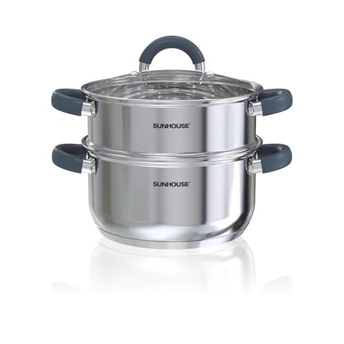 SUNHOUSE Stainless Steel Steamer Pot for Cooking - 3 QT Steaming Pot with Lid & Steamer Basket - 2 Tier Tri-ply Vegetable Steamer with Stay-Cool Silicone Handles - Induction Compatible Cookware - Image 1