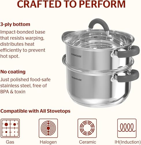 SUNHOUSE Stainless Steel Steamer Pot for Cooking - 3 QT Steaming Pot with Lid & Steamer Basket - 2 Tier Tri-ply Vegetable Steamer with Stay-Cool Silicone Handles - Induction Compatible Cookware - Image 3
