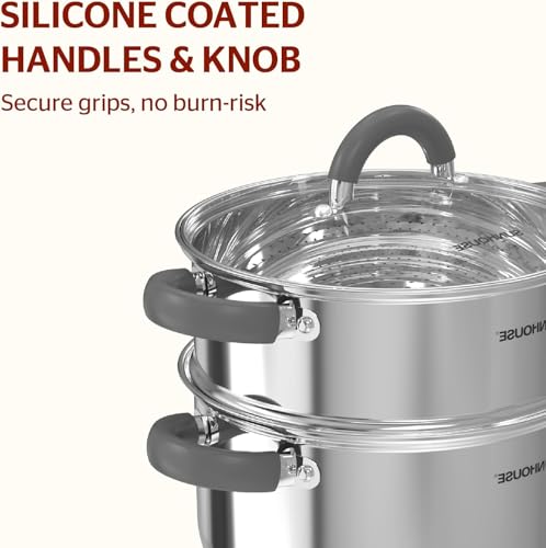 SUNHOUSE Stainless Steel Steamer Pot for Cooking - 3 QT Steaming Pot with Lid & Steamer Basket - 2 Tier Tri-ply Vegetable Steamer with Stay-Cool Silicone Handles - Induction Compatible Cookware - Image 4
