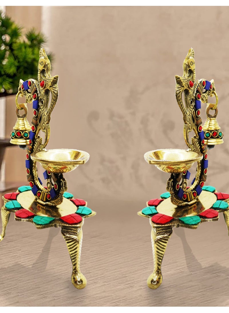 Set of 2 Multicolor Stone Peacock Diya in Brass - Image 2