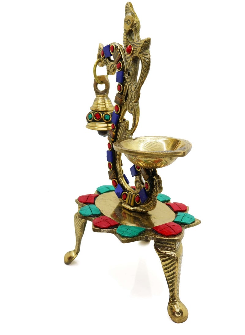Set of 2 Multicolor Stone Peacock Diya in Brass - Image 3
