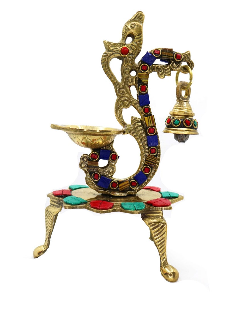 Set of 2 Multicolor Stone Peacock Diya in Brass - Image 1