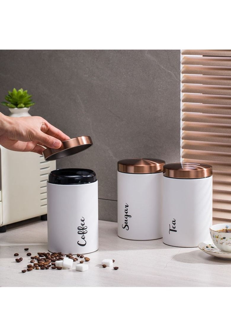 MIXDE - 3pcs Coffee Tea Sugar Canisters Set，Set of 3 Airtight Tea Sugar and Coffee Storage Canister Jars, Tea Sugar Coffee Canister，Kitchen Containers with Copper Lids for Kitchen Pantry Countertop - Image 1