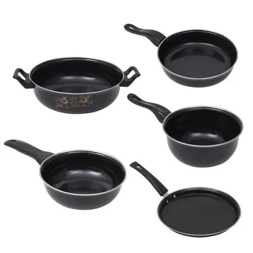 ATEVON Cast Iron Enamel 5-Piece Cookware Set in Black - Includes Kadhai, Tawa, Frying Pan, Tadka Pan, and Milk Pan - Induction Base for Versatile Cooking - Image 5