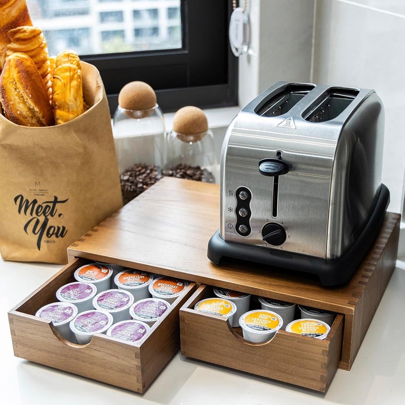 FLYIEE Wooden K Cup Organizer Coffee Pod Storage Box, Coffee Pods and Tea Organizer Holder, K Pod Drawer Coffee Maker Machine Stand, Organizador De Cafe, Kcup Drawer Organizer Under Brewer, 30 Pod Capacity - Image 4
